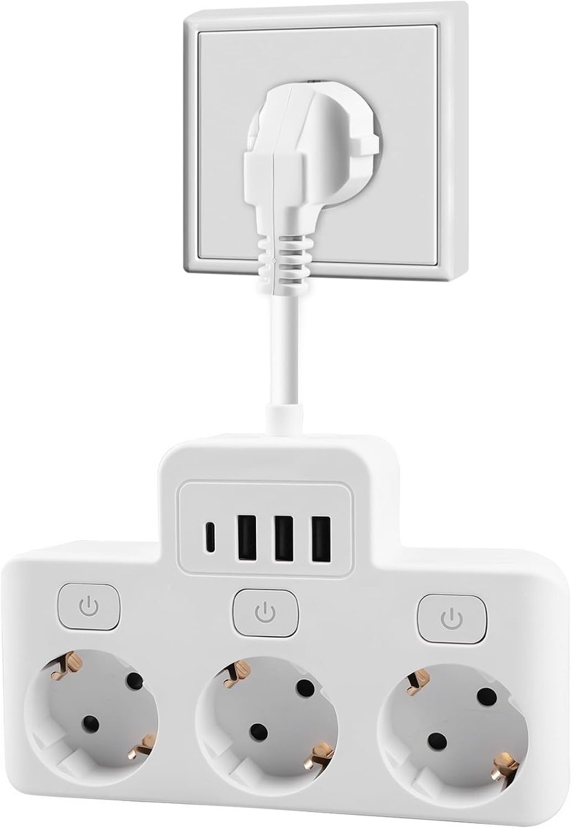 Stekkerdoos met 3-voudige aansluitingen, stekkerdoos met 4000 W, 16 A USB, meerdere stopcontacten, stekkerdoos met 3 USB-poorten, voor kantoor, thuis en op reis