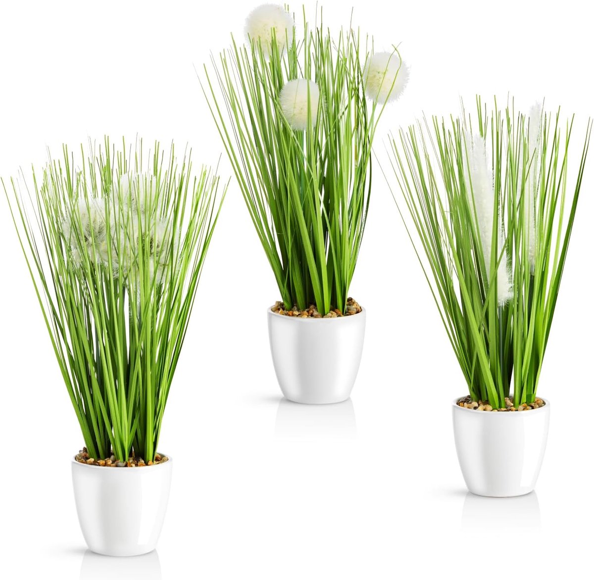 SnelShoppen - 3x Kunstgras in Witte Keramieken Pot (31 cm) - Decoratieve Nepplant - Elegante Bloempot voor Thuis, Tuin, Keuken en Feesten
