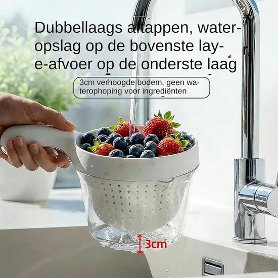 Kom met Zeef - Afgietschaal Fruitwasser - Groente Wassen - Dubbele Laag Ontwerp - 20 x 13.5 x 12 cm — afbeelding 3