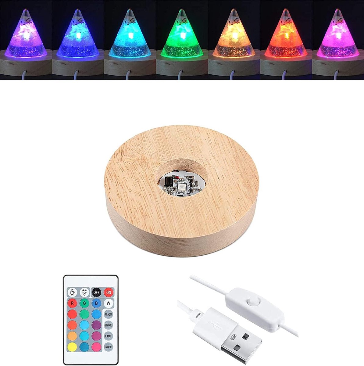 displaystandaard Kleurrijke LED-lampvoet, veelkleurige ronde houten verlichte sokkel voor kristalglas hars kunst