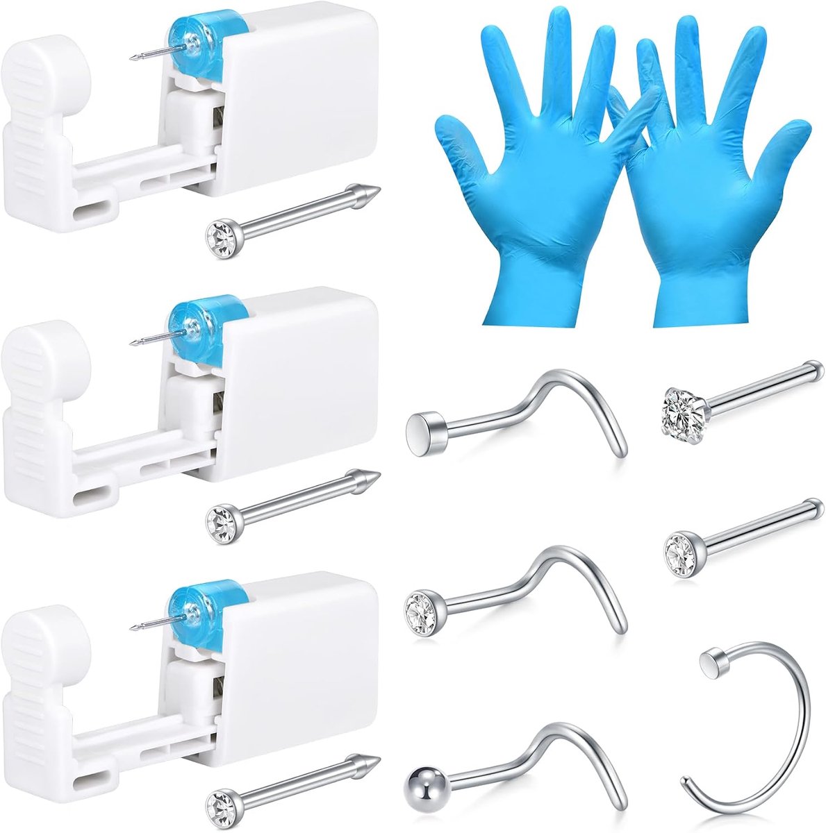 Neuspiercing pistoolset, 4 stuks neuspiercing pistool met neuspiercing, veiligheid draagbare zelf neuspiercing, goud/zilver, set met 6 neuspiercings, ring en handschoenen