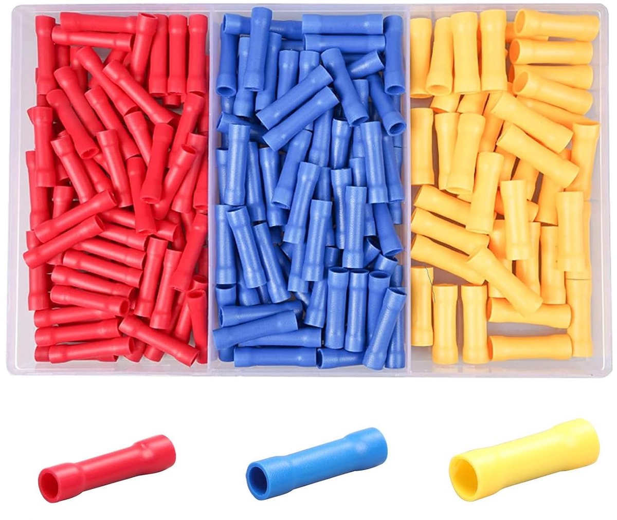 200 stuks stootverbinders, 10 - 22 AWG knelverbinderkit, elektrische geïsoleerde kabelverbinders voor kabels - rood/geel/blauw