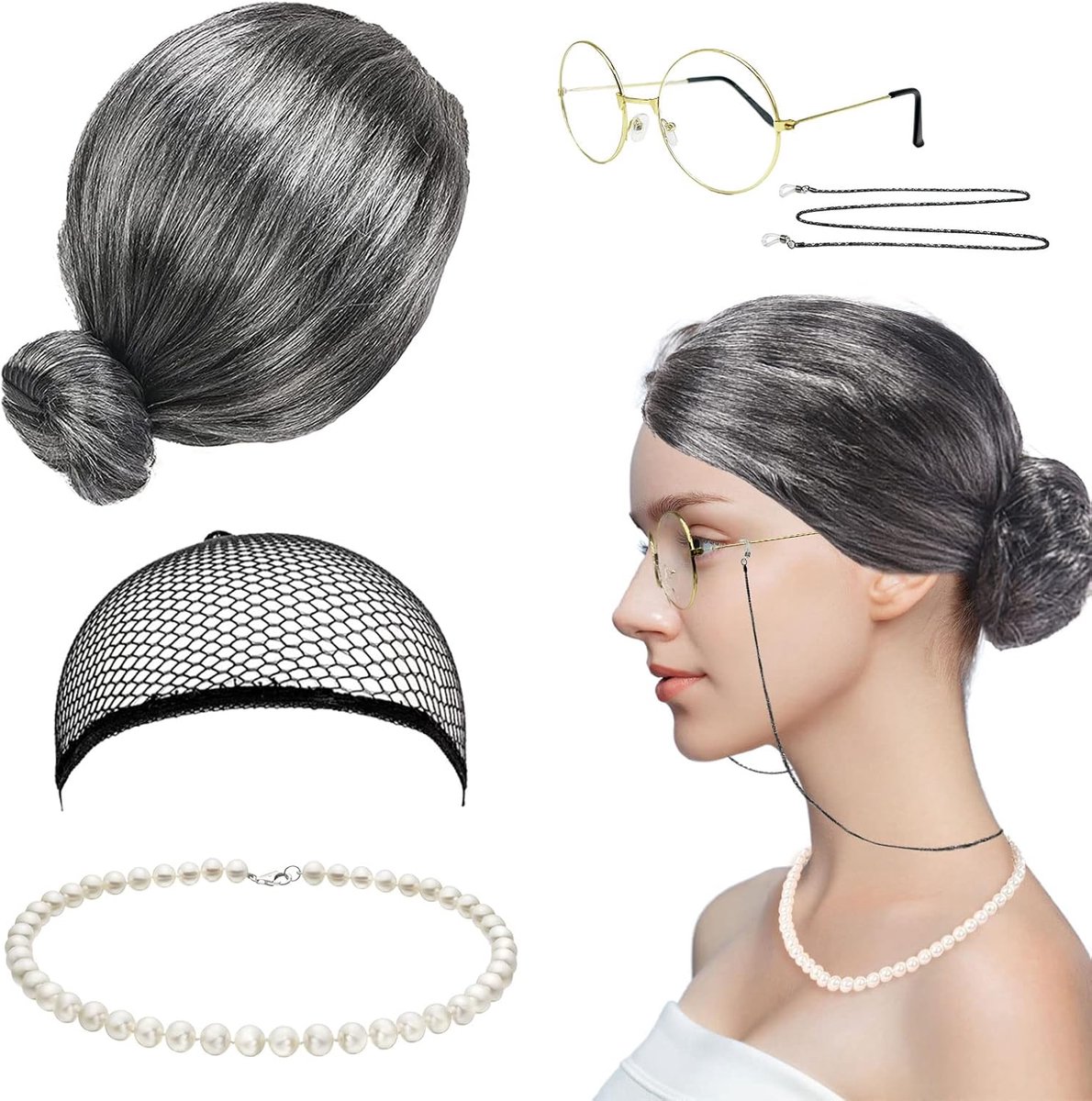 5-delige kostuumset, grootmoeder, oude vrouw, kostuum, accessoires, grote moeder, pruik, grijze pruik, brilketting, parelketting