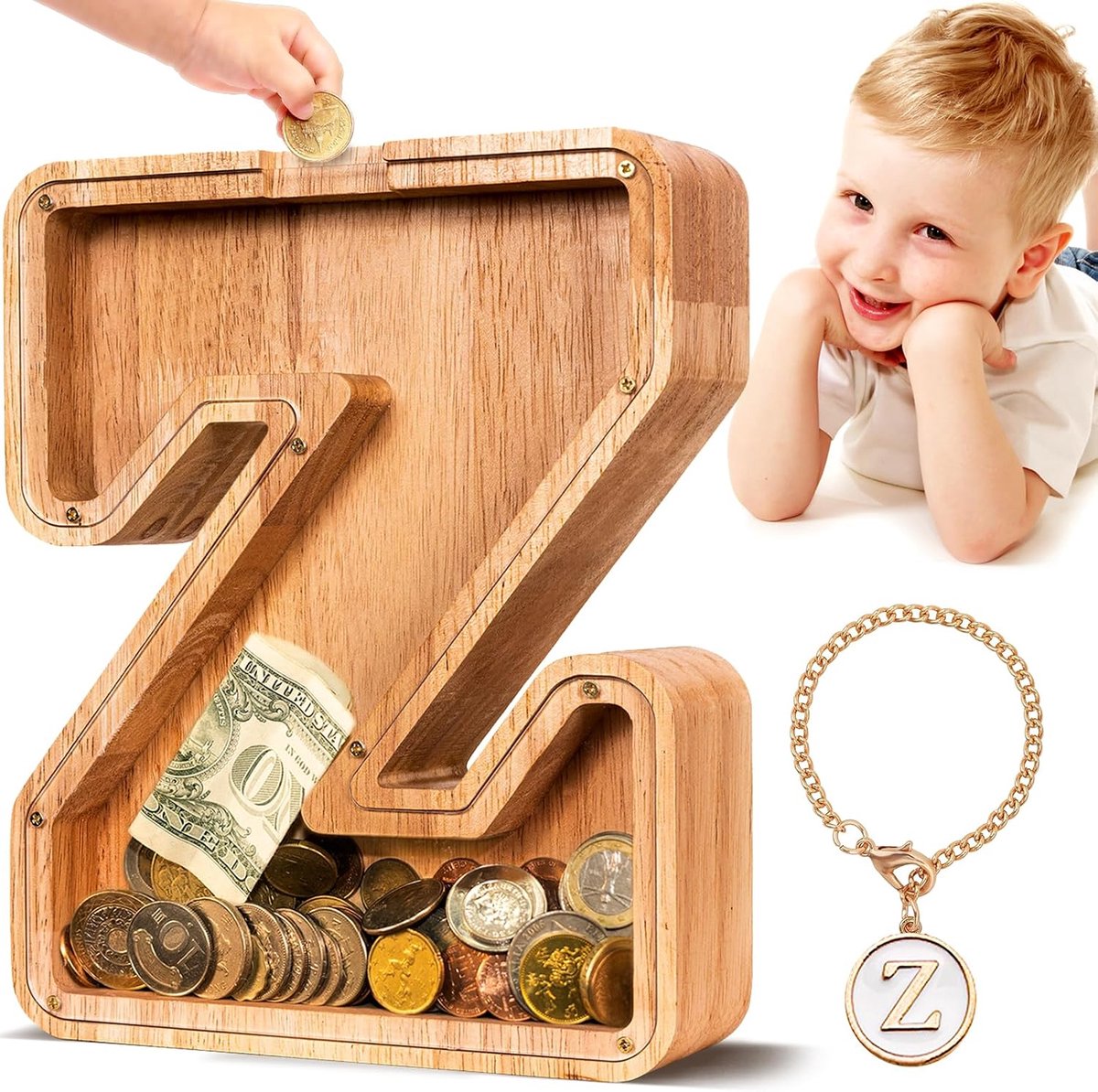 Houten Letter Spaarpot voor Kinderen, Gepersonaliseerd Spaarvarken voor Jongens Meisjes Peuter, Alfabet Z Spaarpotten | Muntbank Verjaardagscadeau voor Kinderen | Kindercadeau (Initiaal-Z)