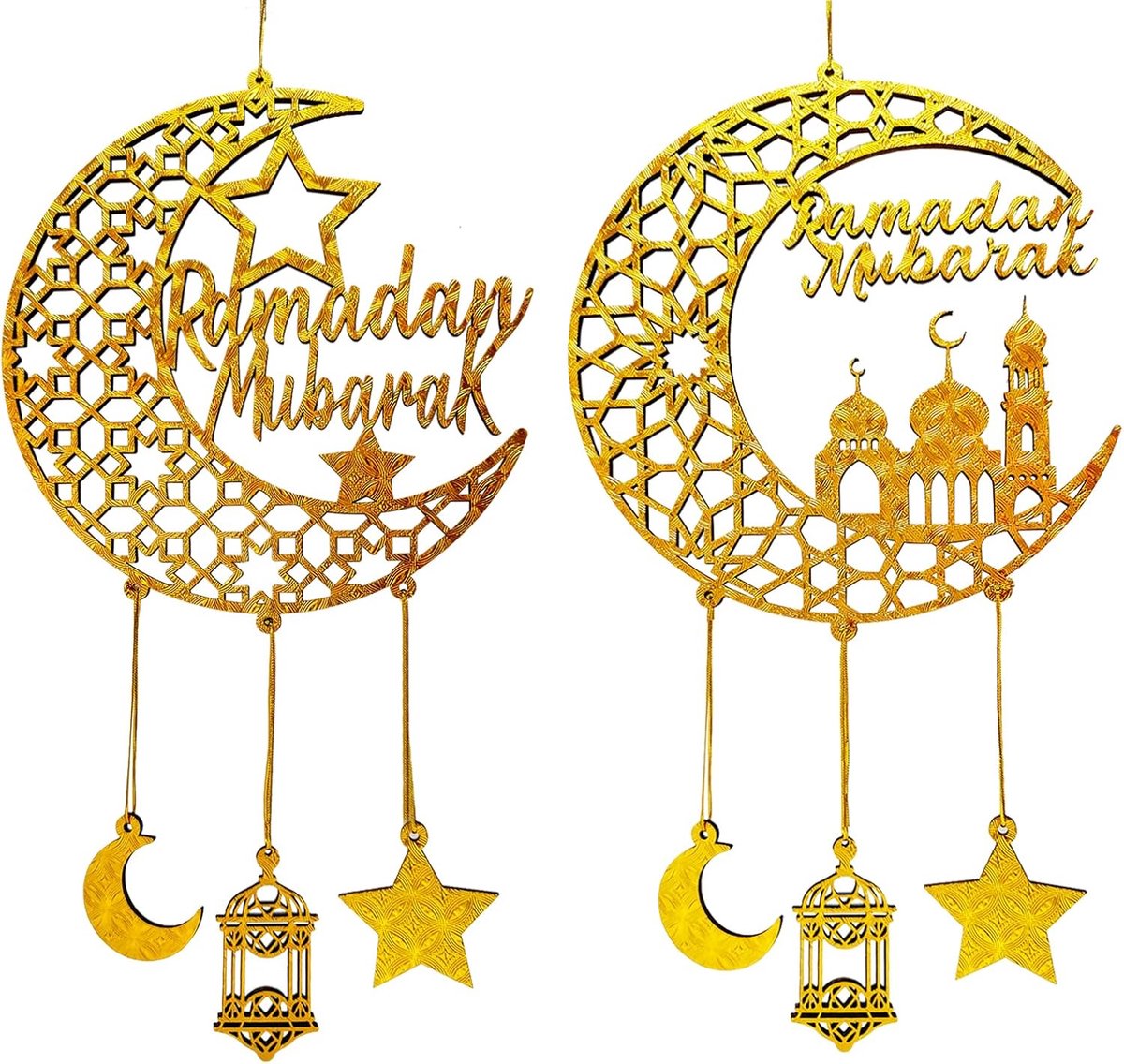 Hangende decoraties, houten Eid Kareem opknoping bord voor thuis kamer deur muur decor, nieuwigheid holle ster maan lantaarns kastelen ornament voor islamitische moslim Al-Fitr