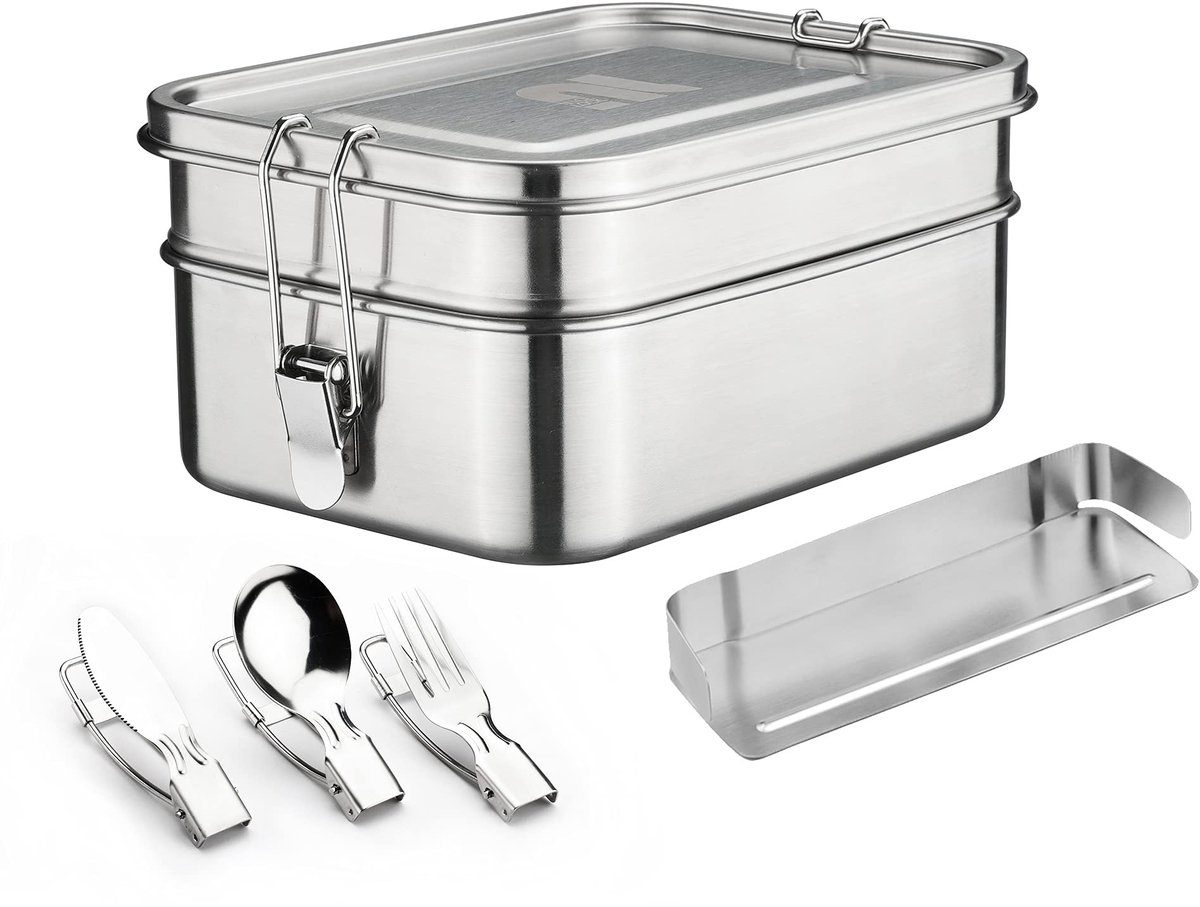 SnelShoppen - 2-laags roestvrijstalen lunchbox met opvouwbaar bestek en verwijderbare scheidingswand (540 ml, 800 ml) - herbruikbare metalen bento-con
