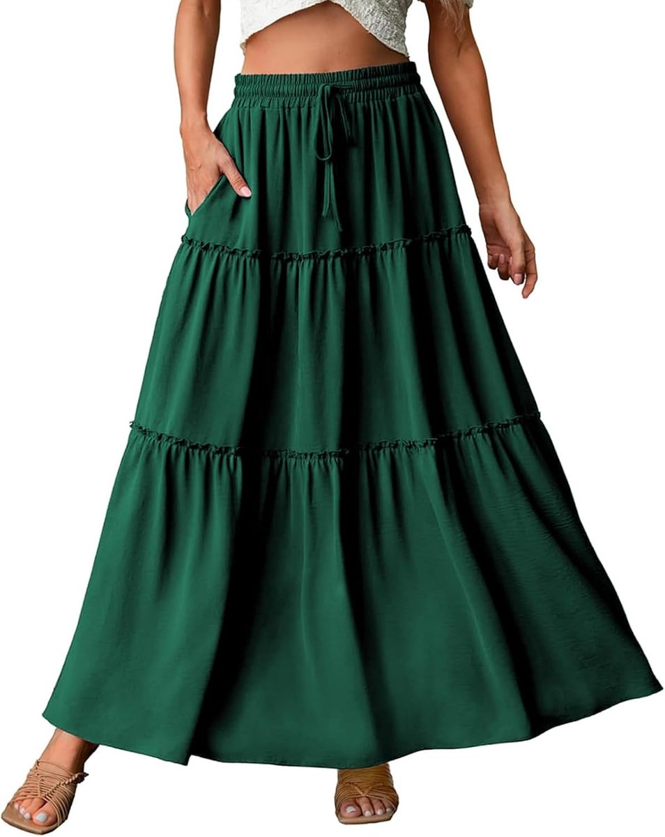 Lange damesrok, boho, hoge elastische taille met zakken en riem, maxi-rok, midi-rok, vrijetijdsrok, effen rok, A-lijn, casual, zomer, maxirok
