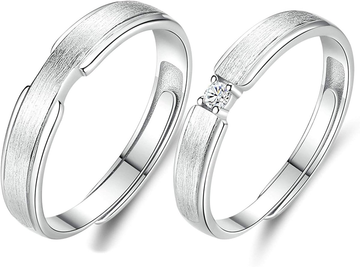 Ringen, paar zilver 925, verstelbare matte bandringen met zirkonia, partberringen, vriendschapsringen voor 2, Regular, Zilver, Zirkonia