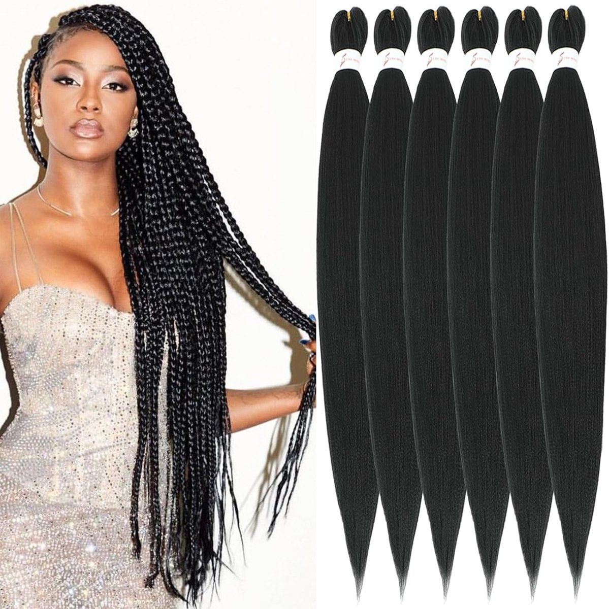 30 inch Pre Stretched Braiding Hair Extensions in 1B Black voor Box Braids 6 Pakketten Lange Knotless Kanekalon Synthetisch Vlechtenhaar Jeukvrij Warmwaterbestendig Zachte Yaki-Textuur EZ Braids(1B).