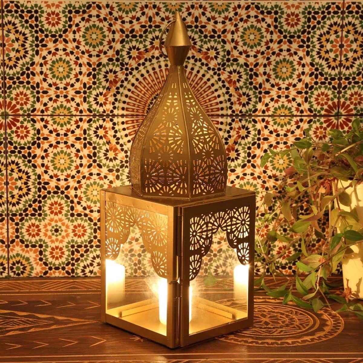 lantaarn Modena Gold M 45 cm van glas & metaal minaretten vorm Marokkaanse glazen lantaarn kaarsenhouder windlicht decoratief cadeau-idee voor Moederdag Pasen IRL650