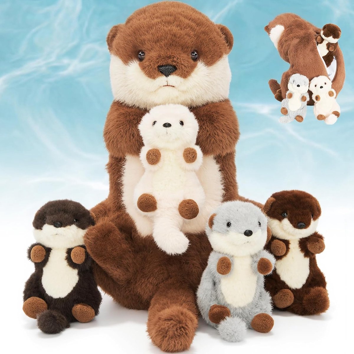 Otter knuffeldier, zacht otter, pluche dier met 4 baby's in de buik - slaapkussen, otter, cadeau voor kinderen
