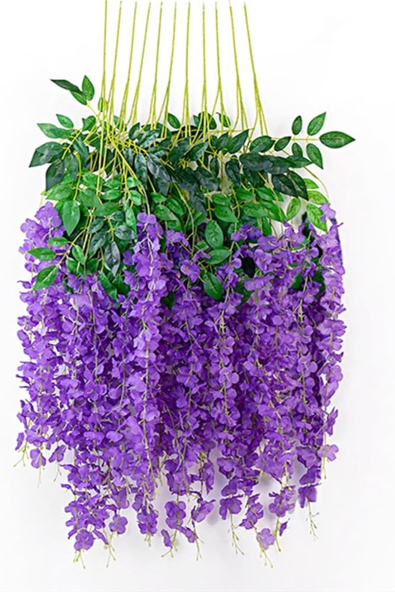 12 stuks 3,6 voet blauweregen hangende bloemen, kunstmatige blauweregen wijnstok ratta, hangende slinger, zijden bloemen voor bruiloft, feest, tuin, buitenwanddecoratie (paars)