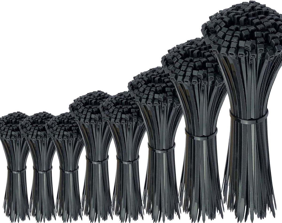 SnelShoppen - 750 Stuks Zwarte Nylon Kabelbinders Heavy Duty Sterk Gemengd Pakket Zelfsluitend Plastic Zip Ties Verschillende Maten 100/150/200/250/30