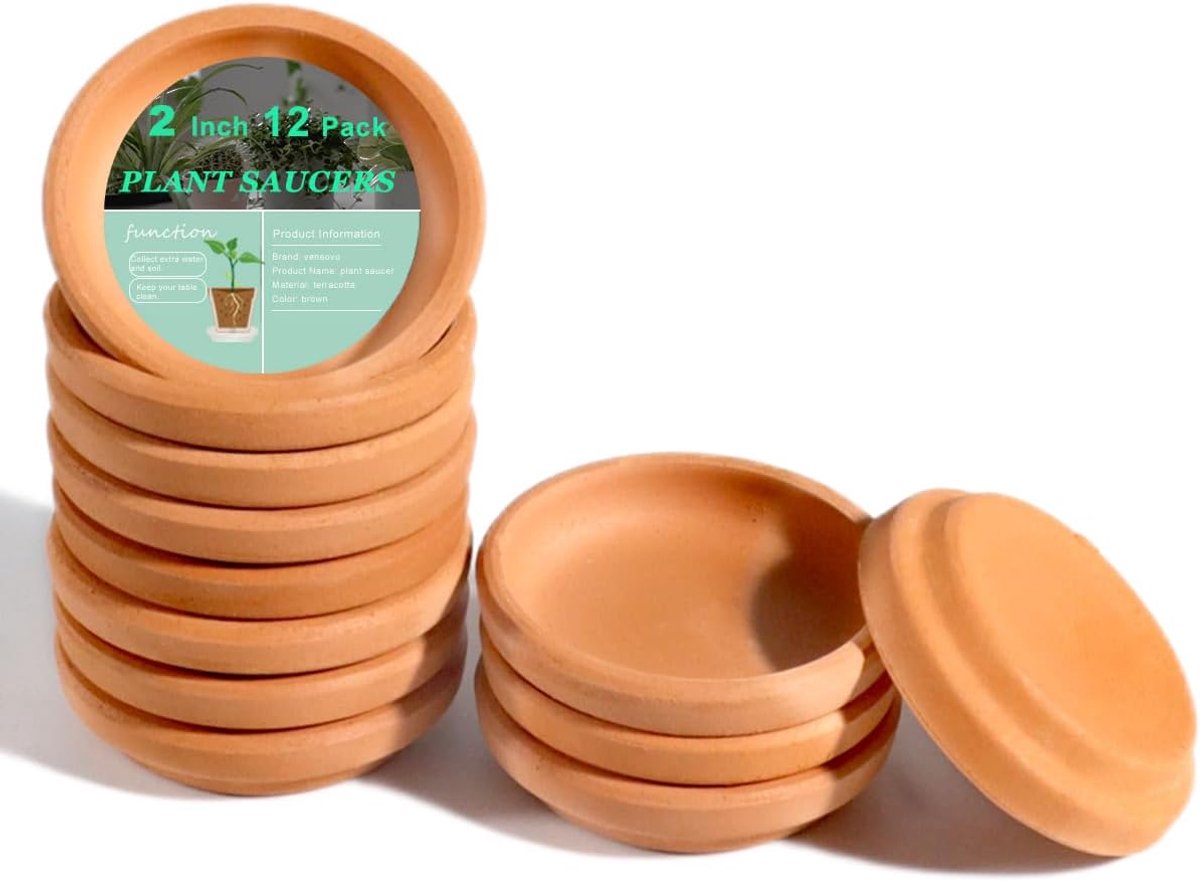Schotels, 12 Pack Mini Klei Trays voor Potten | 12 stuks terracotta plantenschotels voor bloempotten van 2 en 2,5 inch, ideaal voor het vangen van water binnen of buiten.