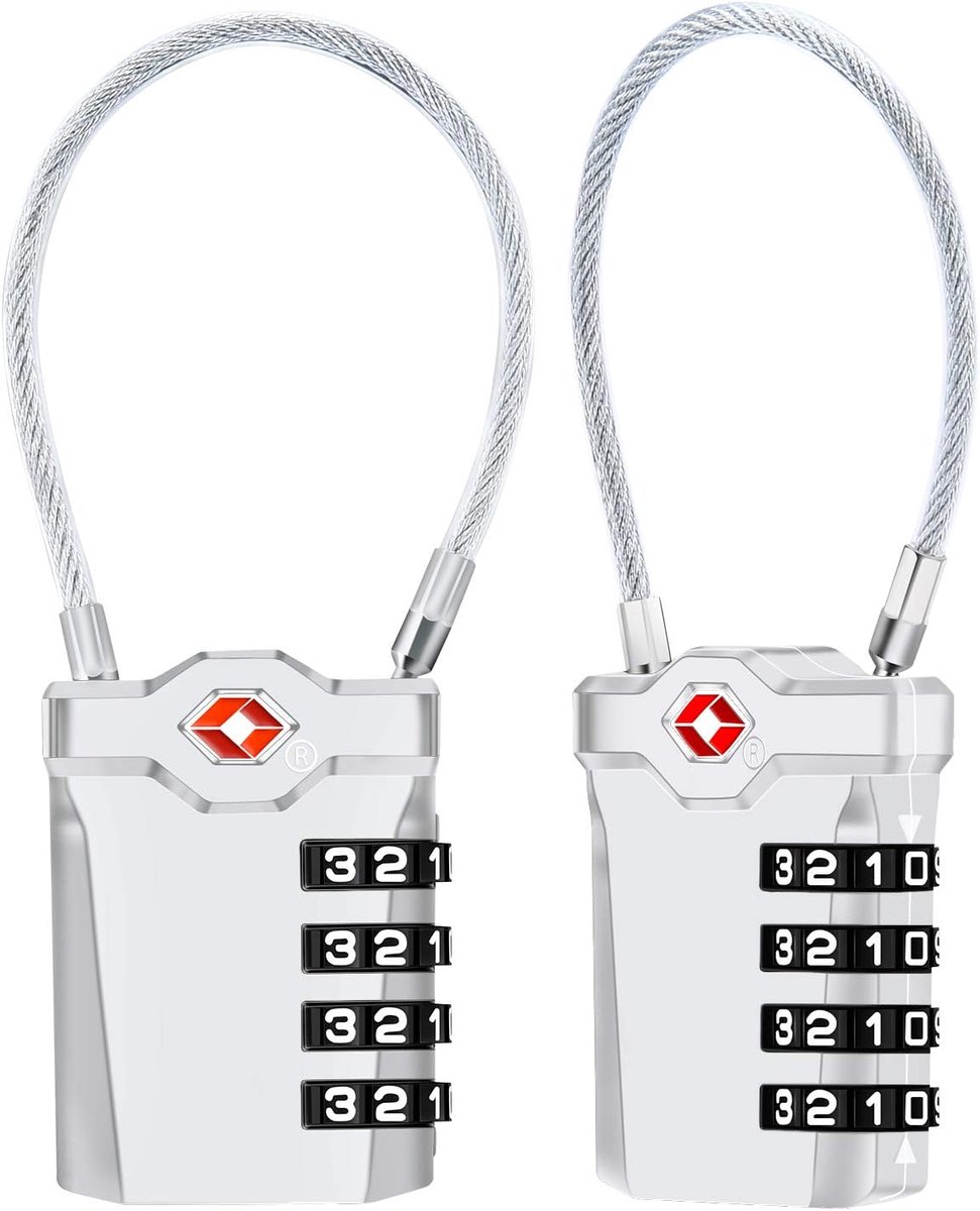 SnelShoppen - TSA Goedgekeurde 4-cijferige Combinatie Sloten met Flexibele Kabel voor Koffer, Bagage, Rugzak, School, Gymkast - 2 Stuks, Zilver