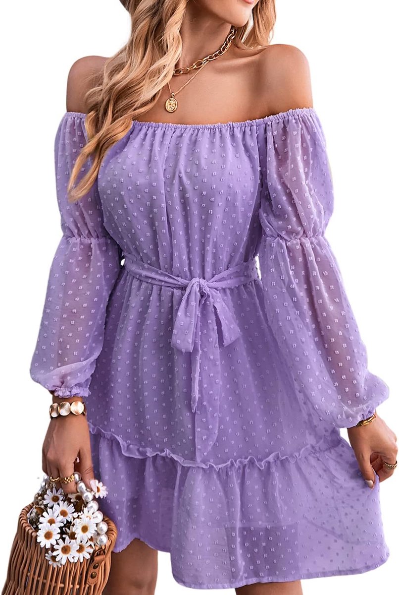 Zomerjurk voor dames, elegant, met lange mouwen, schoudervrije draagmogelijkheid, luchtige zomerjurk, mini-jurk, feestjurk, strandjurk met ceintuur, effen, met Swiss Dot-dessin