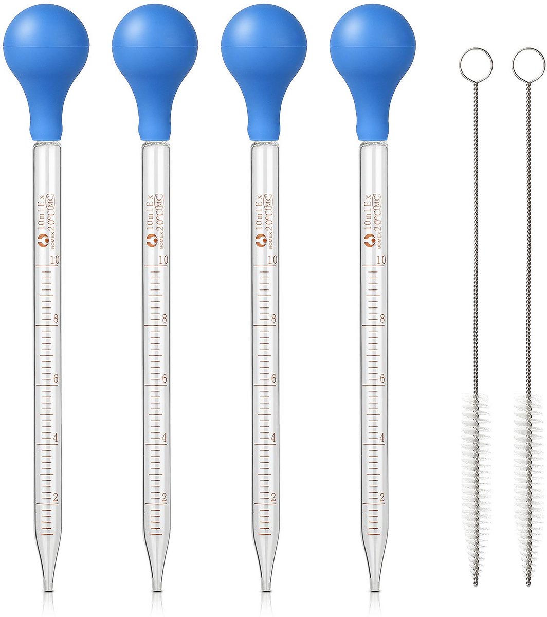 4Stks 10ml Glazen Pipet Druppelaar Afgestudeerd | met Rubber Zuiglamp + 2 Stks Reinigingsborstel