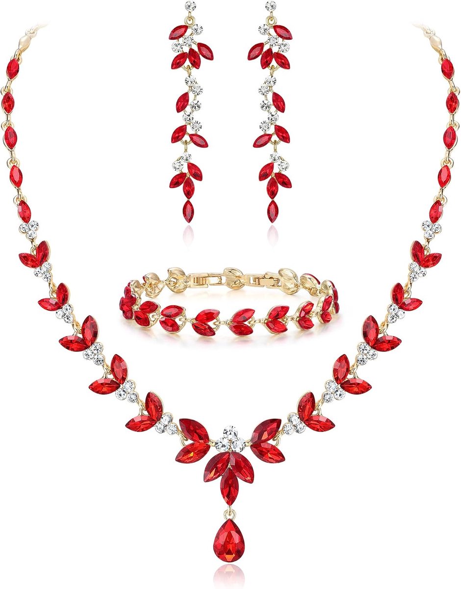 FAITH Bruidssieradenset met Oostenrijkse kristallen, elegante ketting met marquise strass bladeren en bijpassende hangende oorbellen en tennisarmband