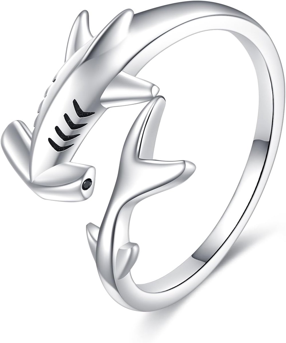 Hamerkop, ring, 925 sterling zilver, instelbare open hamerkop, ringen, haai, sieraden, oceaan, geschenken voor vrouwen en mannen, hamerhoofd liefhebbers, Sterling zilver, Geen edel