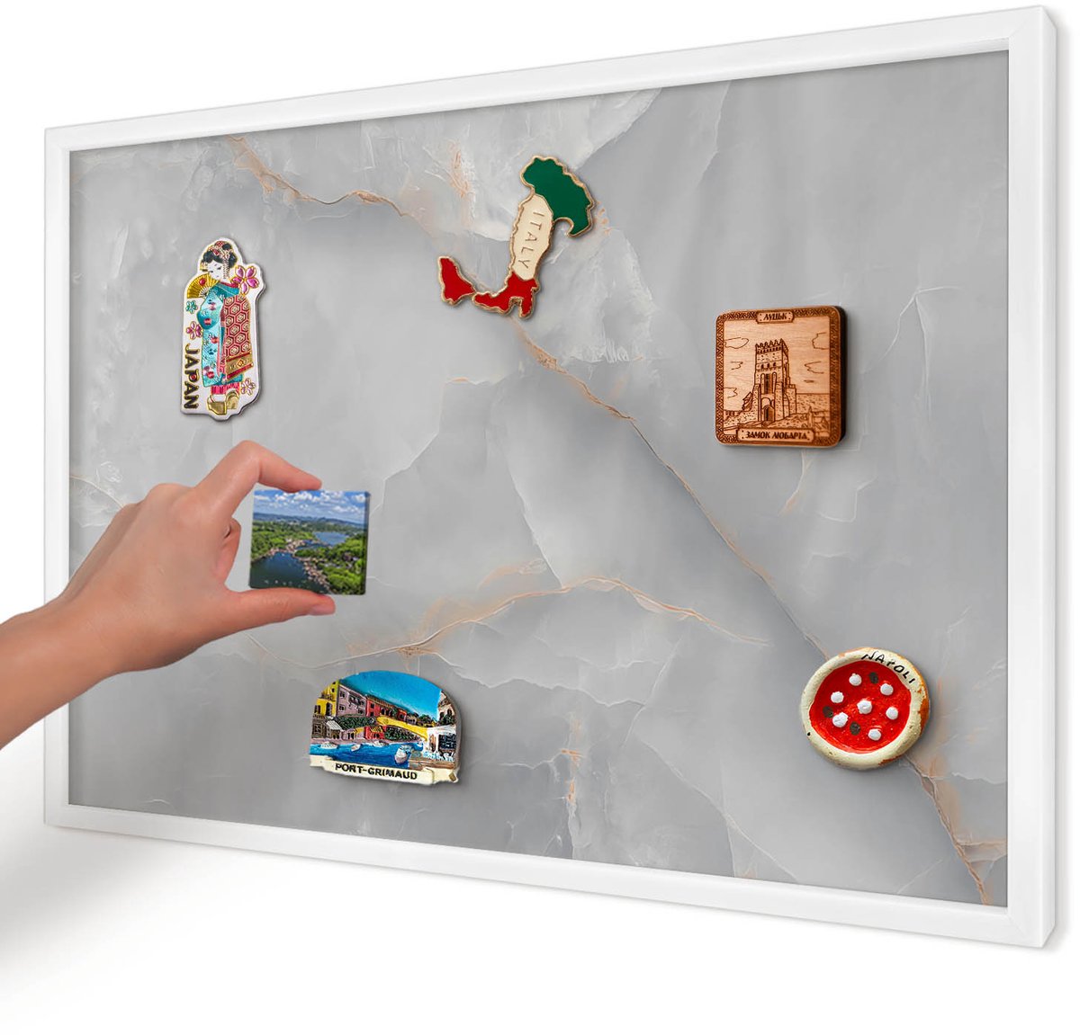 Artprintcave Grijs Magneetbord mit Witte Lijst - 60x40 cm - Grijze Aderen Wandbord Magnetisch - Minimalist Magneet Bord mit Frame - Texturen