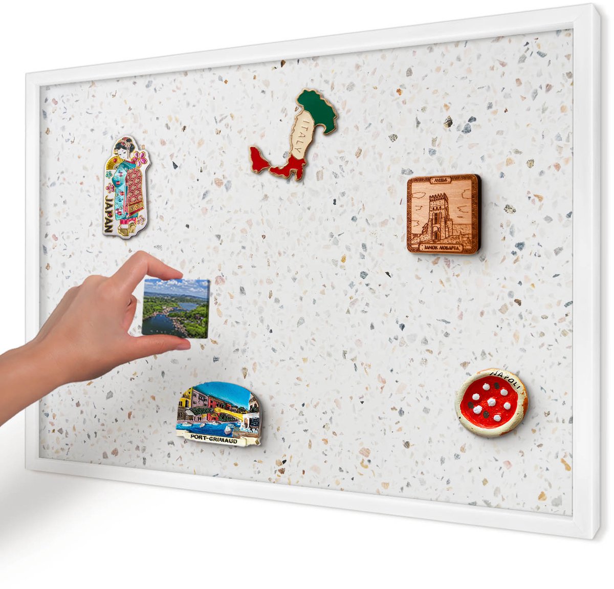 Artprintcave Wit Magneetbord mit Witte Lijst - 60x40 cm - Terrazzo-Patroon Wandbord Magnetisch - Minimalist Memobord Keuken - Texturen