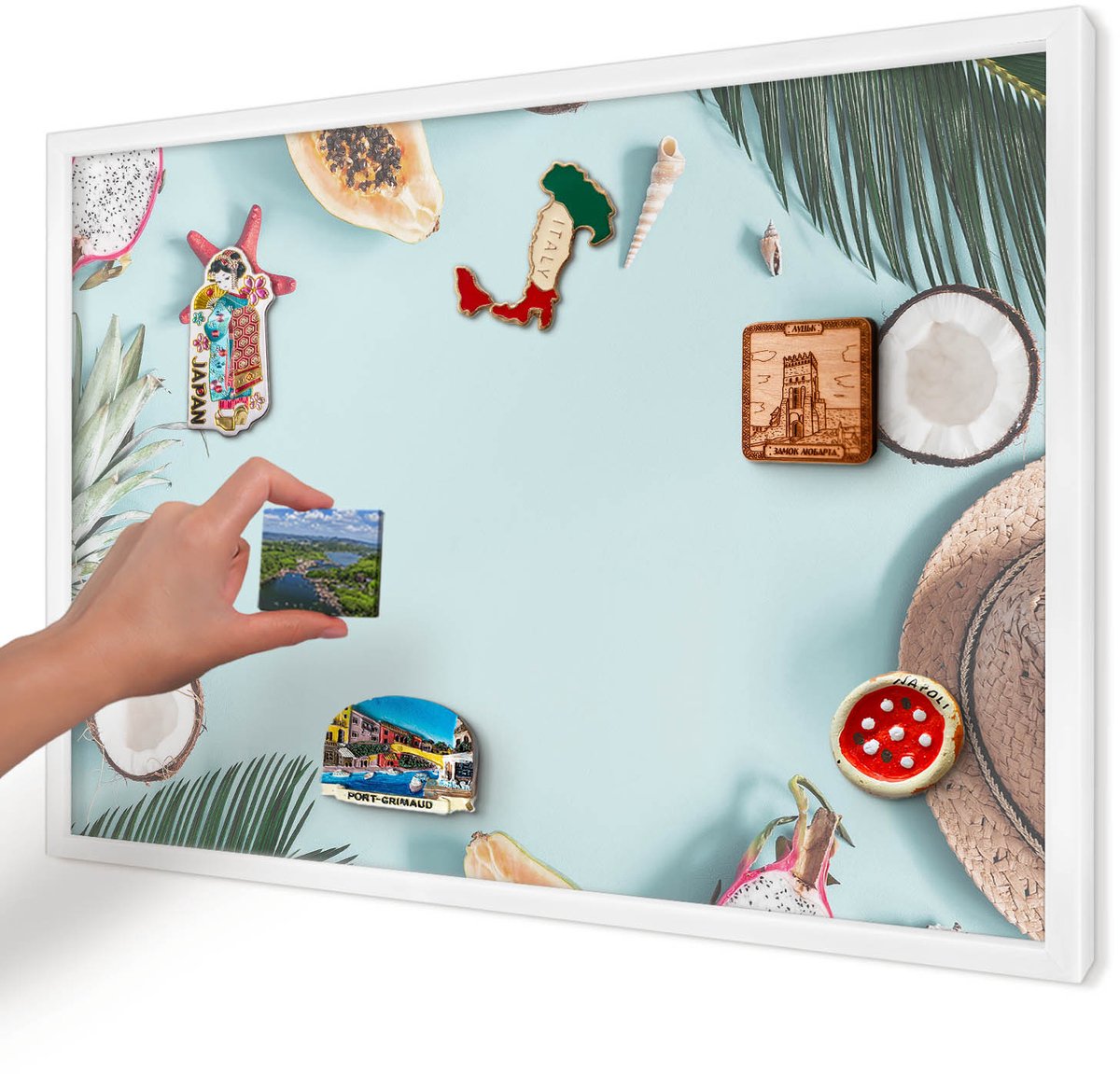 Artprintcave Blauw Magneetbord mit Witte Lijst - 60x40 cm - Tropische Vakantie Magnetische Organizer - Modern Magneet Bord mit Frame - Natuur