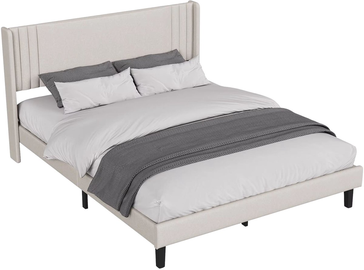 Tweepersoonsbed 140 X 200 Cm - Beige - Modern Minimalistisch Platformbed - voor Tieners en Volwassenen