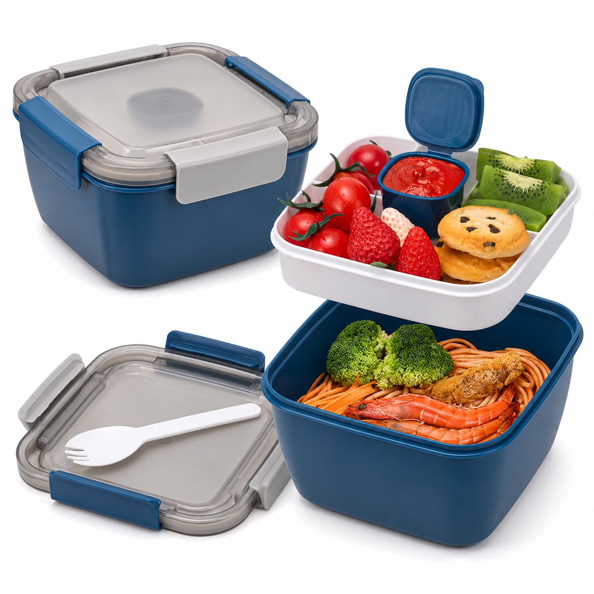Lunchbox met vakken - Bento lunchbox 1500 ml - Dubbele lunchbox - Lunchbox met sausbakje en vork - Magnetron- en vaatwasserbestendig - Blauw