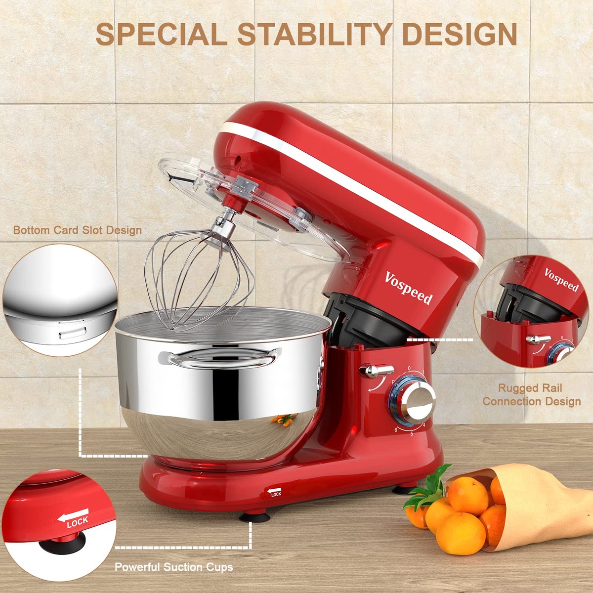 SnelShoppen - Keukenmachine Kneedmachine 1500W Elektrische Mixer met 6,2QT Kom, 6 Snelheden, Klopper, Haak, Garde en Eierscheider - Rood voor Bakken e