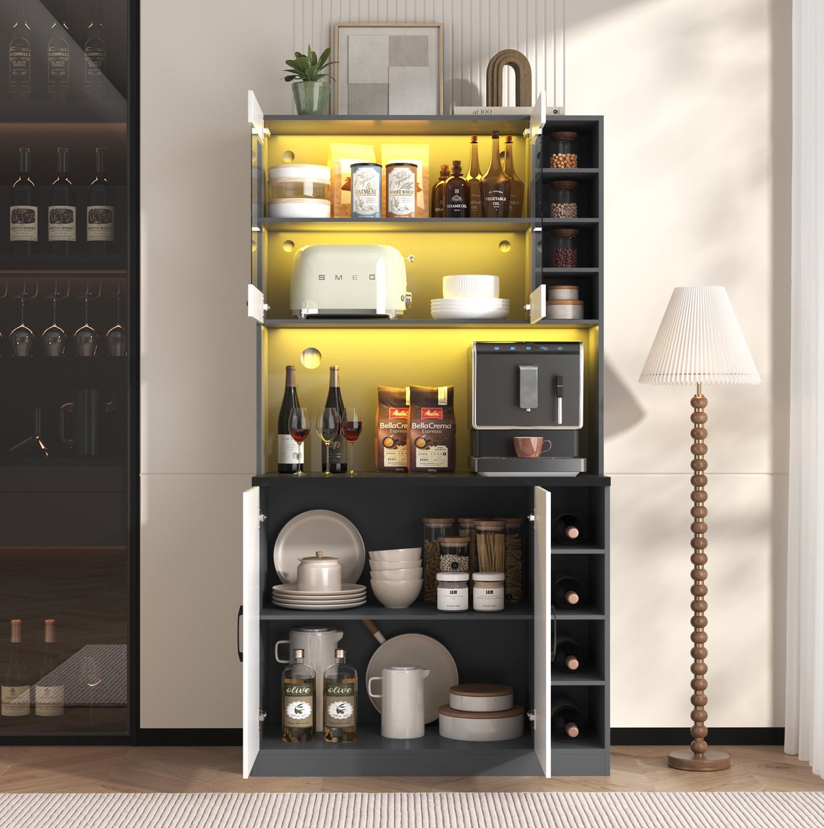 COVREO Keukenkast 100x47x187 cm grijs wit, MDF met LED en verstelbare vakken