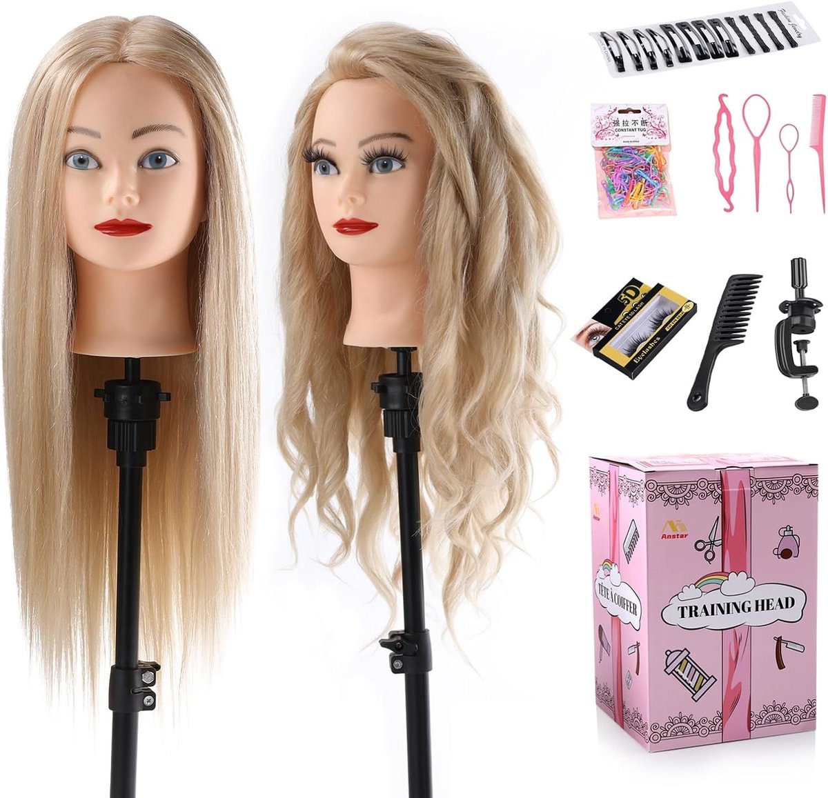 Oefenhoofd voor Kappers met 70% Echte Haar, 24 Inch, Ideaal voor Training en DIY Haarstyling Sets