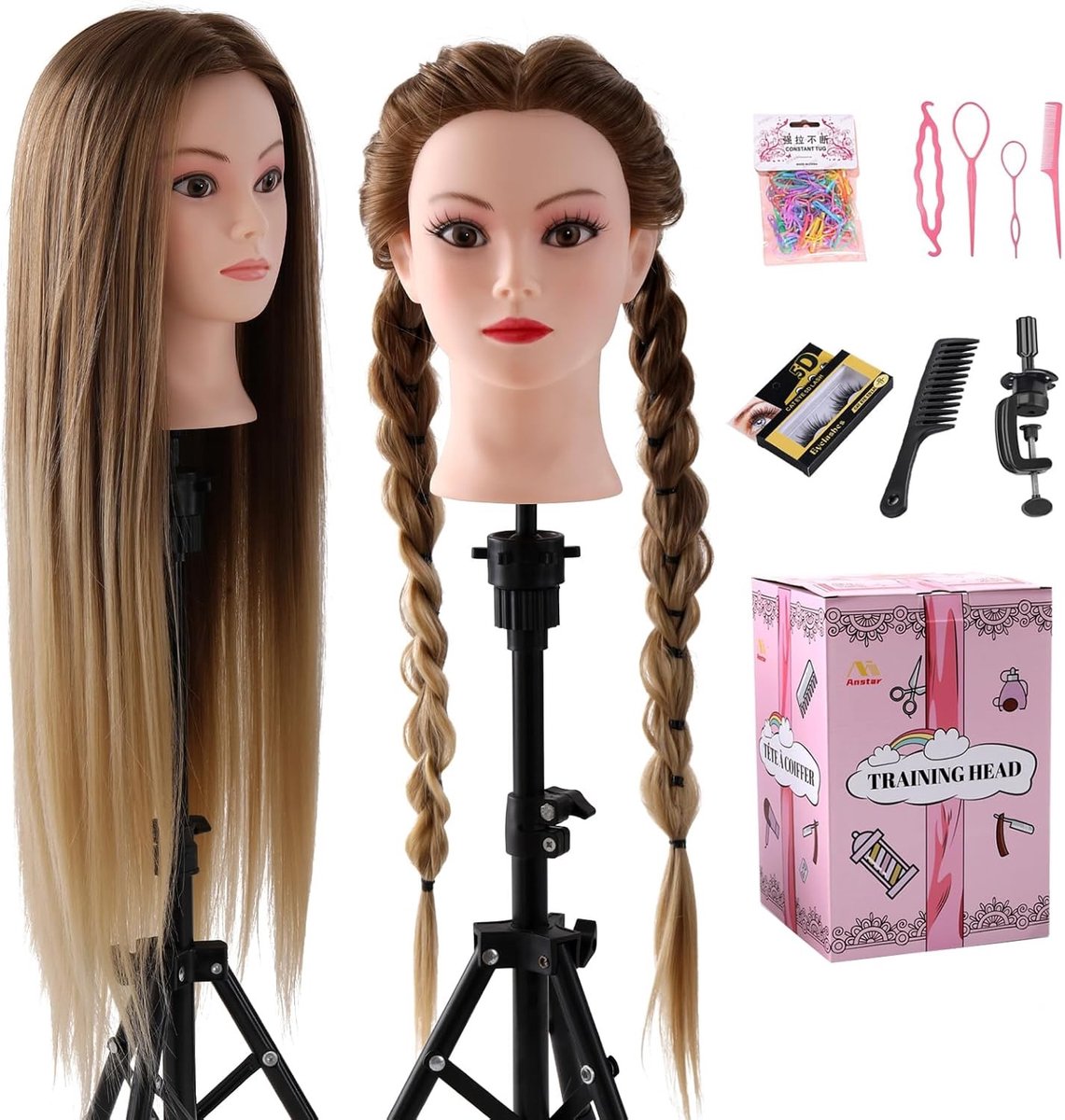 Professionele oefenhoofd voor kapsalon met echt haar - Ideaal voor haarstyling, knippen en kleuren