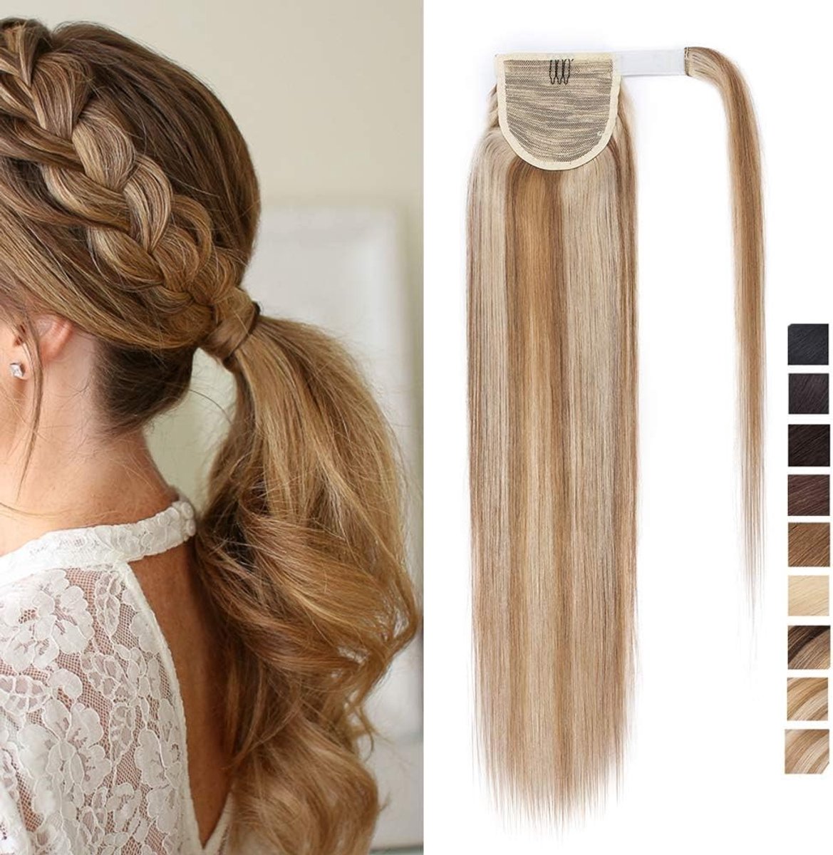 14 inch Lange Wrap Ponytail Extensions van 100% Echte Remy Haar, Clip-in Haarstuk voor Vrouwen met Natuurlijke Highlights en Volume (80g, #12P613 Goudbruin en Gebleekt Blond)