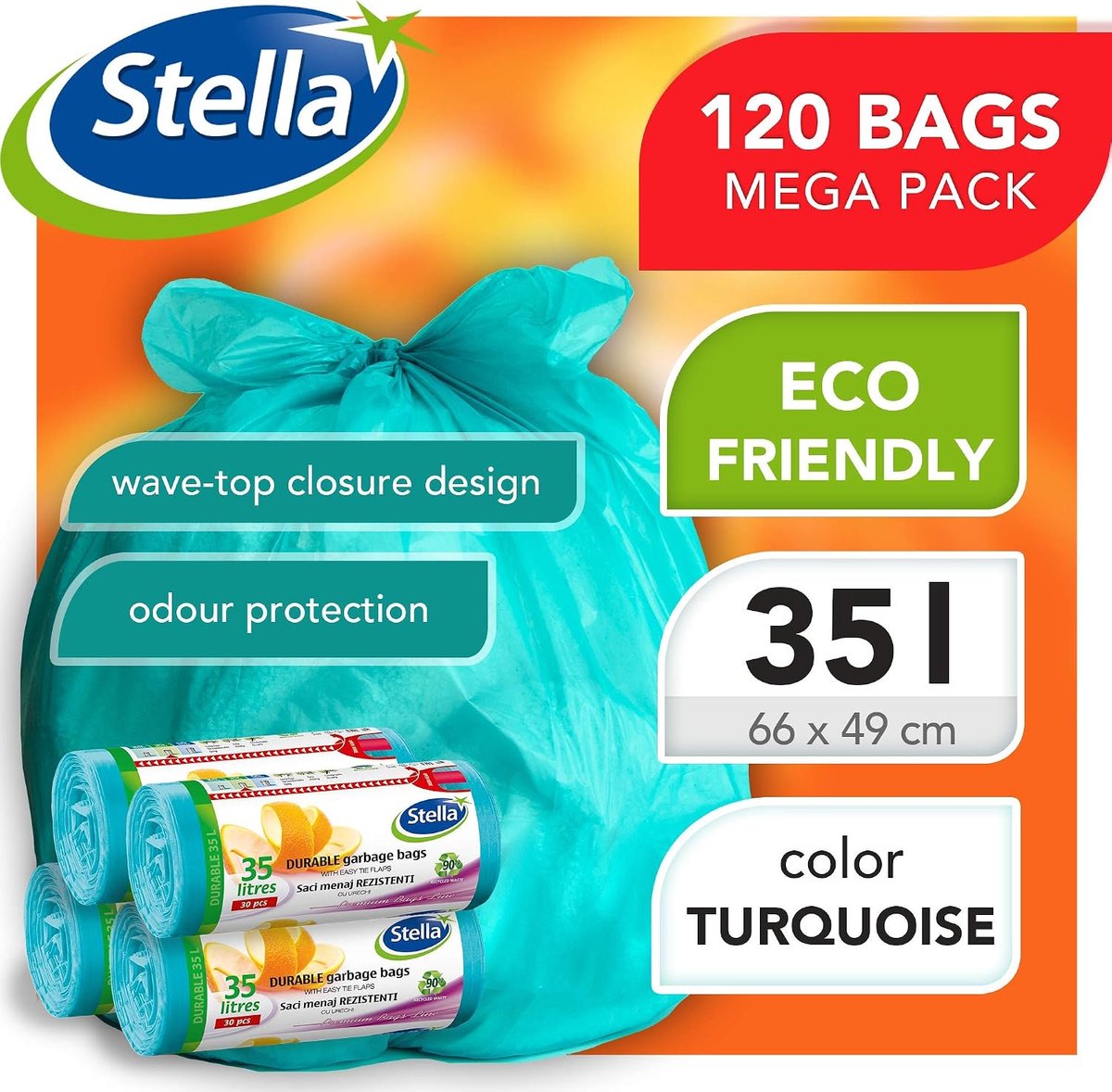 SnelShoppen - Sterke Afvalzakken 35L Turquoise Eco-vriendelijke Recyclebare Vuilniszakken Met Trekband Voor Thuis en Kantoor