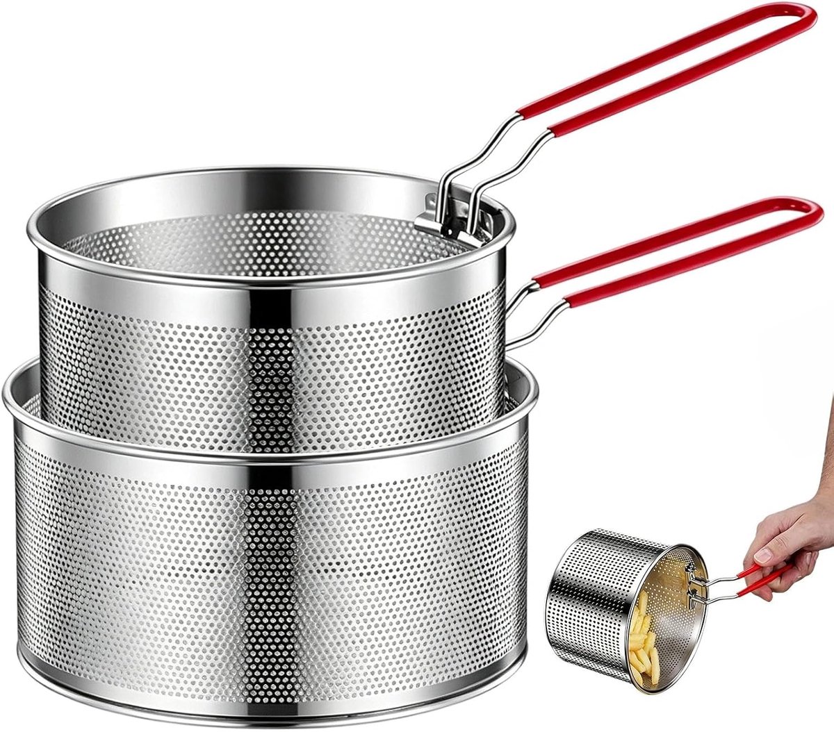 2 stuks roestvrijstalen frituurmanden met uitneembare zeefinzet, universele zeef voor friet, pasta en groenten, ruimtebesparend (18 cm en 20 cm)