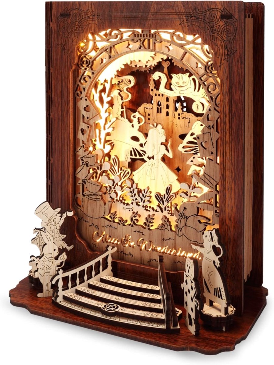 3D puzzel verhalenboeklamp, Alice In Wonderland 3D LED-nachtlampje, 3D houten puzzel DIY bedlampje