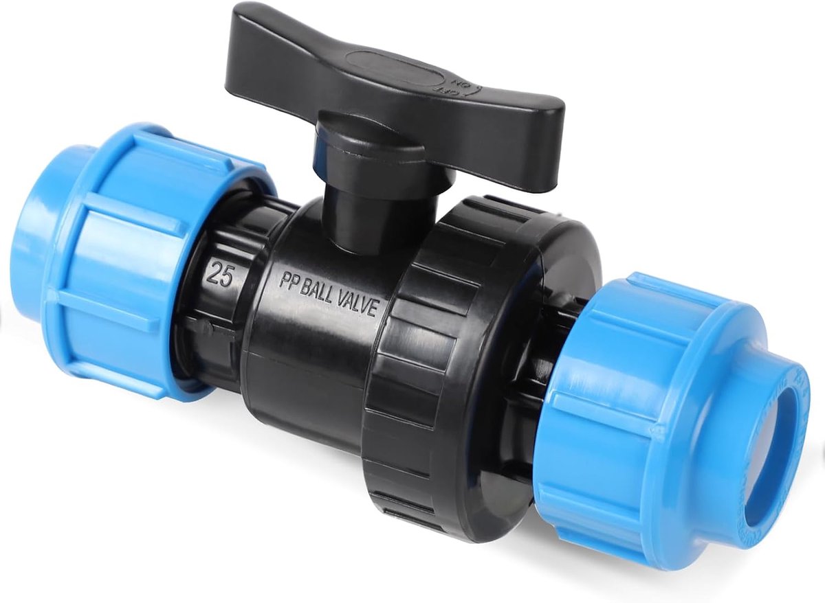 Kogelkraan voor PE buis kunststof PP-fitting schroefverbinding aanvoerbuis connector afsluitventiel voor PE-buis PE buis schroefverbinding, 25 mm
