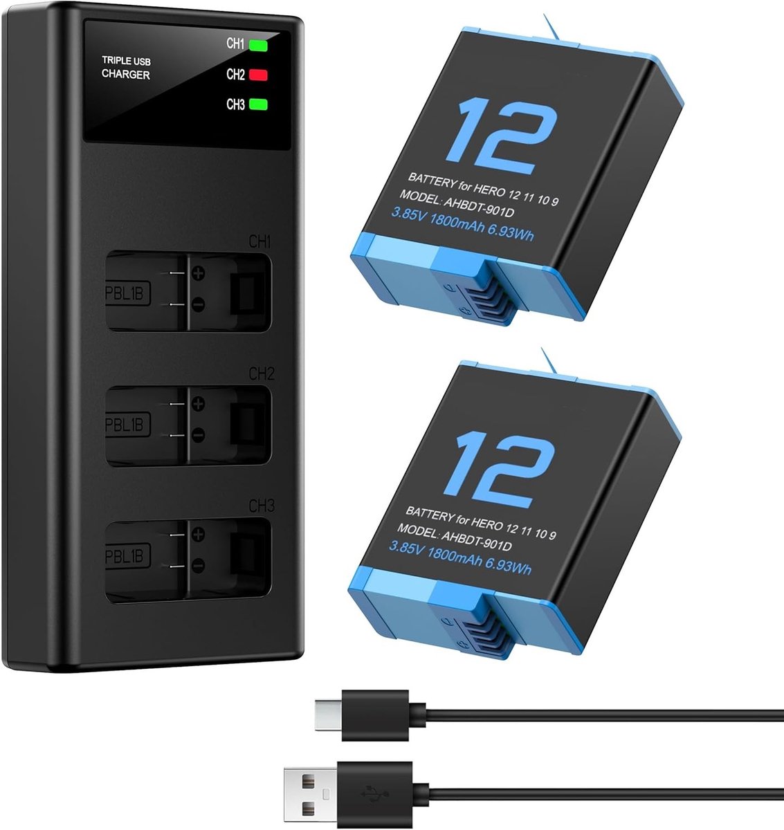 Triple oplader set met 2 lithium-ion batterijen voor Hero 12/11/10/9 Black – Complete 3-kanaals oplader en accu's voor langdurig gebruik en optimale prestaties