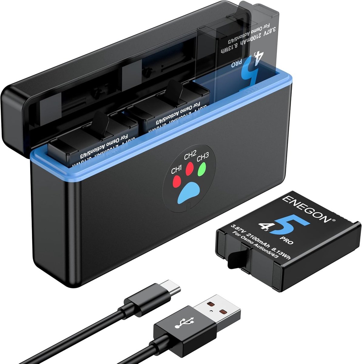Actie 5 Pro Acculader Kit met 3 Oplaadbare Batterijen van 2100 mAh en Snellader, Compatibel met DJI Action Camera's 5/4/3