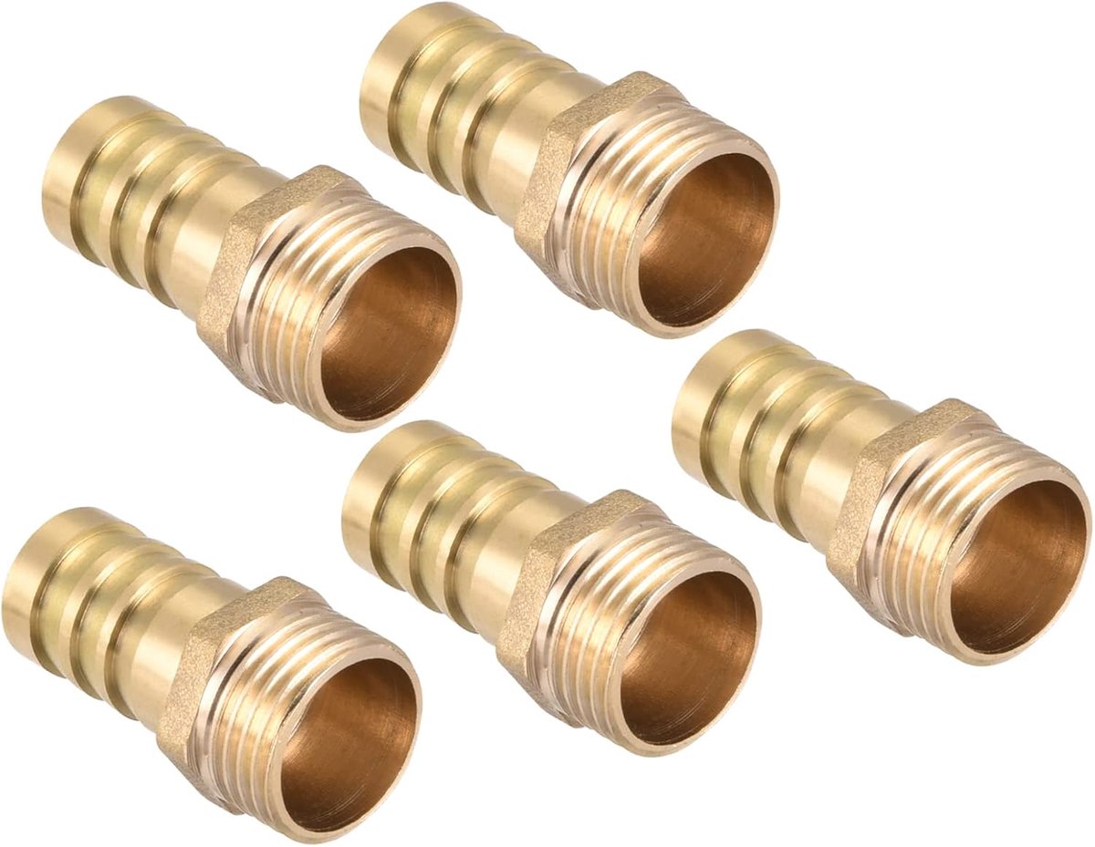 16mm Barb naar G1/2 buitendraad buis x 5 stuks recht messing barbslangkoppeling voor lucht water brandstof pneumatische slang, goud