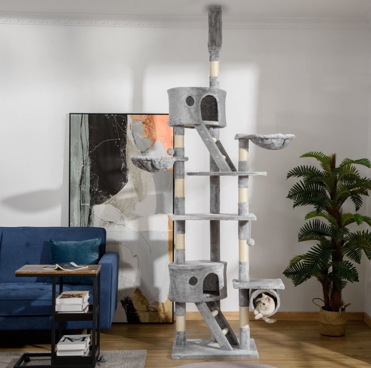 COVREO Krabpaal 240-260 cm lichtgrijs, pluche met sisal en plafondbevestiging
