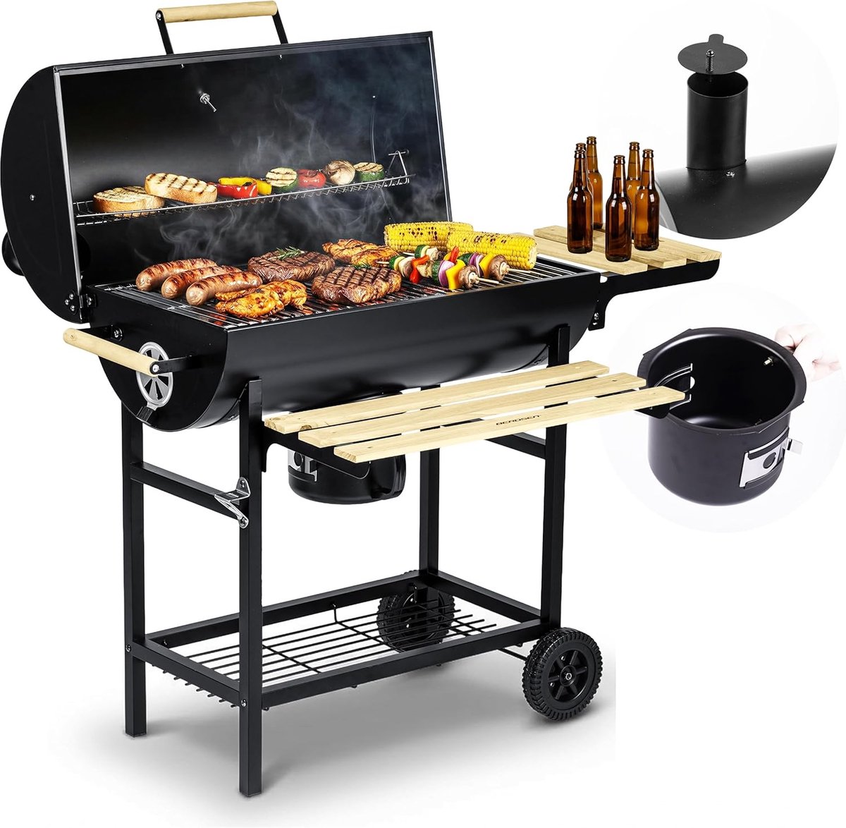 SnelShoppen - Grote Berdsen Houtskool Grill met Deksel en Rookafvoer, Mobiele Grillwagen op Wielen, XXL Grilloppervlak 70 x 35 cm, Thermometer, Aslade