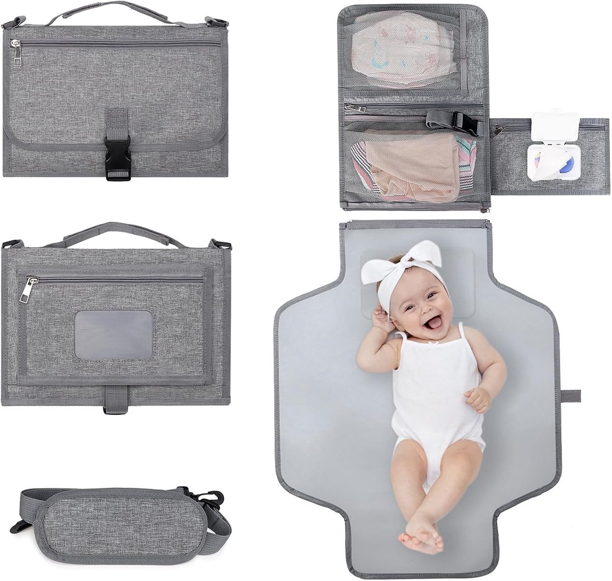 Draagbare luierverschoningsmatten met doekjes zak reizen baby aankleedkussens met hoofdkussen voor zuigelingen waterdichte luierverschoningspads pasgeboren benodigdheden, grijs