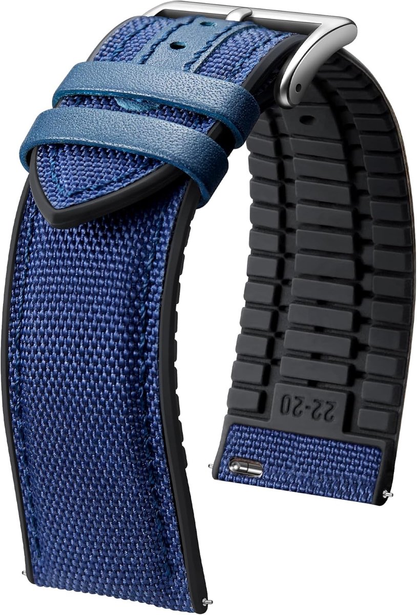 Siliconen-nylon horlogeband van 18, 19, 20, 21of 22 mm, hybride rubberen vervangingsband met snelontgrendelingssysteem voor mannen en vrouwen, 9 kleuren, zilveren/zwarte gesp