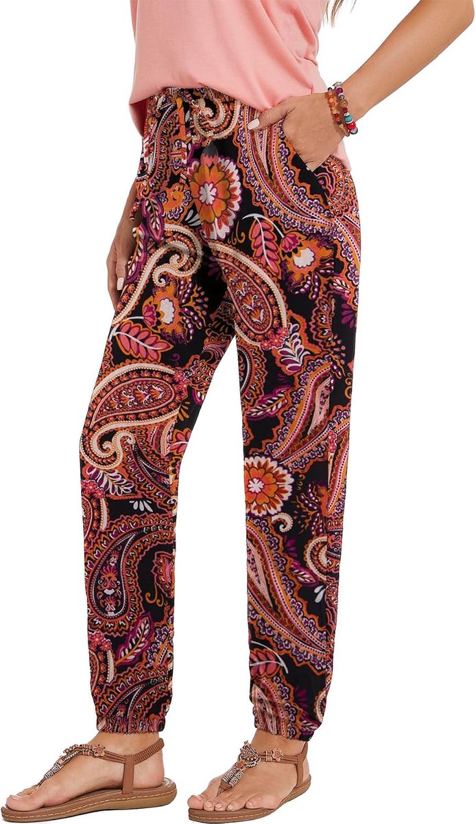 Lange zomerbroek voor dames, lichte en luchtige vrijetijdsbroek met hoge taille, casual, losse strandbroek met trekkoord en zakken