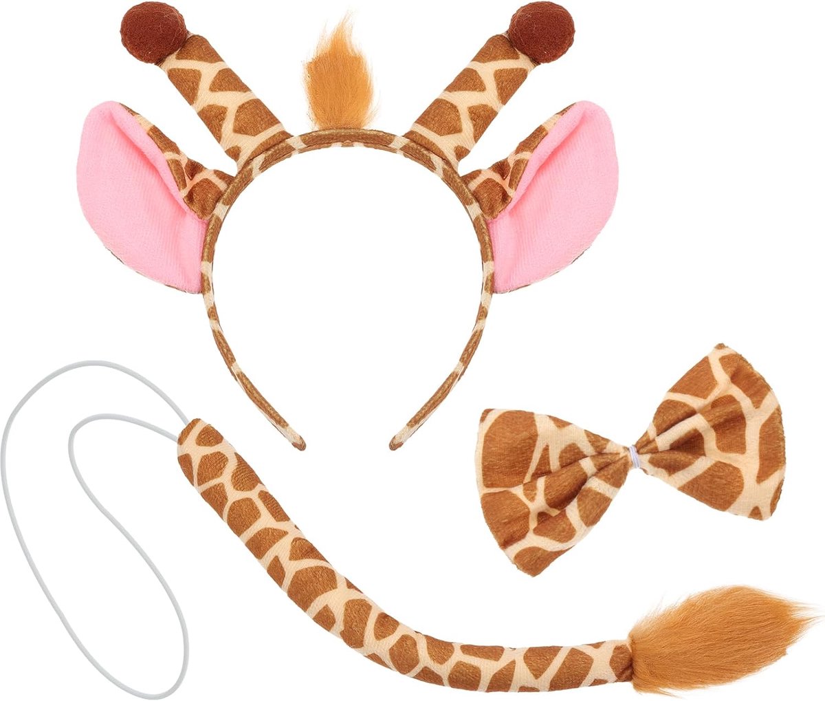 Kostuumset, giraffenoren en staart, set met giraffenoren, hoofdband, vlinderdas, giraffe staart voor dierenkostuum, cosplay, verjaardagsfeest, Halloween, kostuum, feestaccessoires