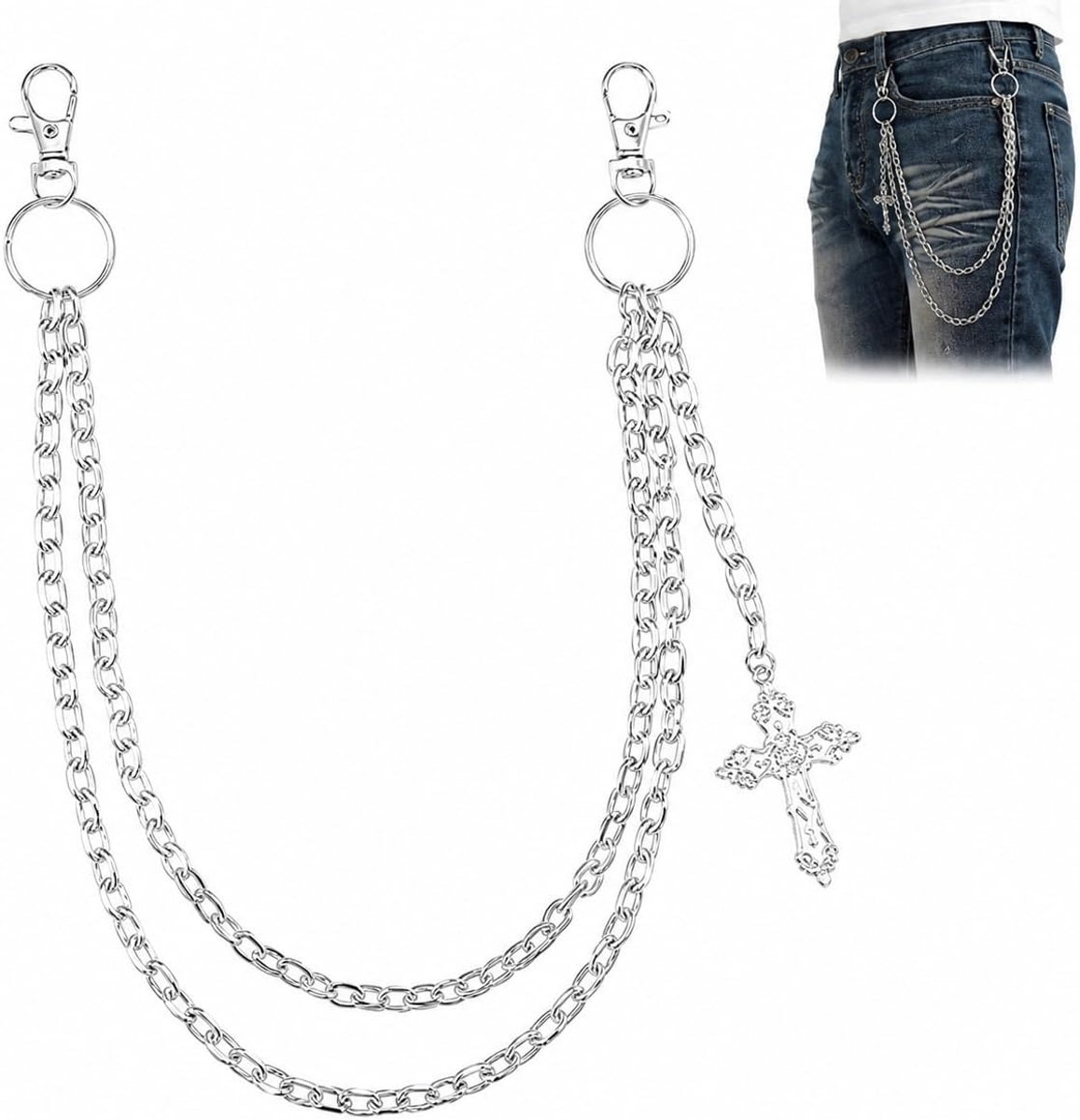 Laag Broekketting – Zilverkleurige Jean Portemonnee Ketting met Hart, Kruis en Tassels – Hiphop Tas Ketting – Gothic Accessoire voor Jeans, Portefeuilles, DIY en Alternatieve Stijl