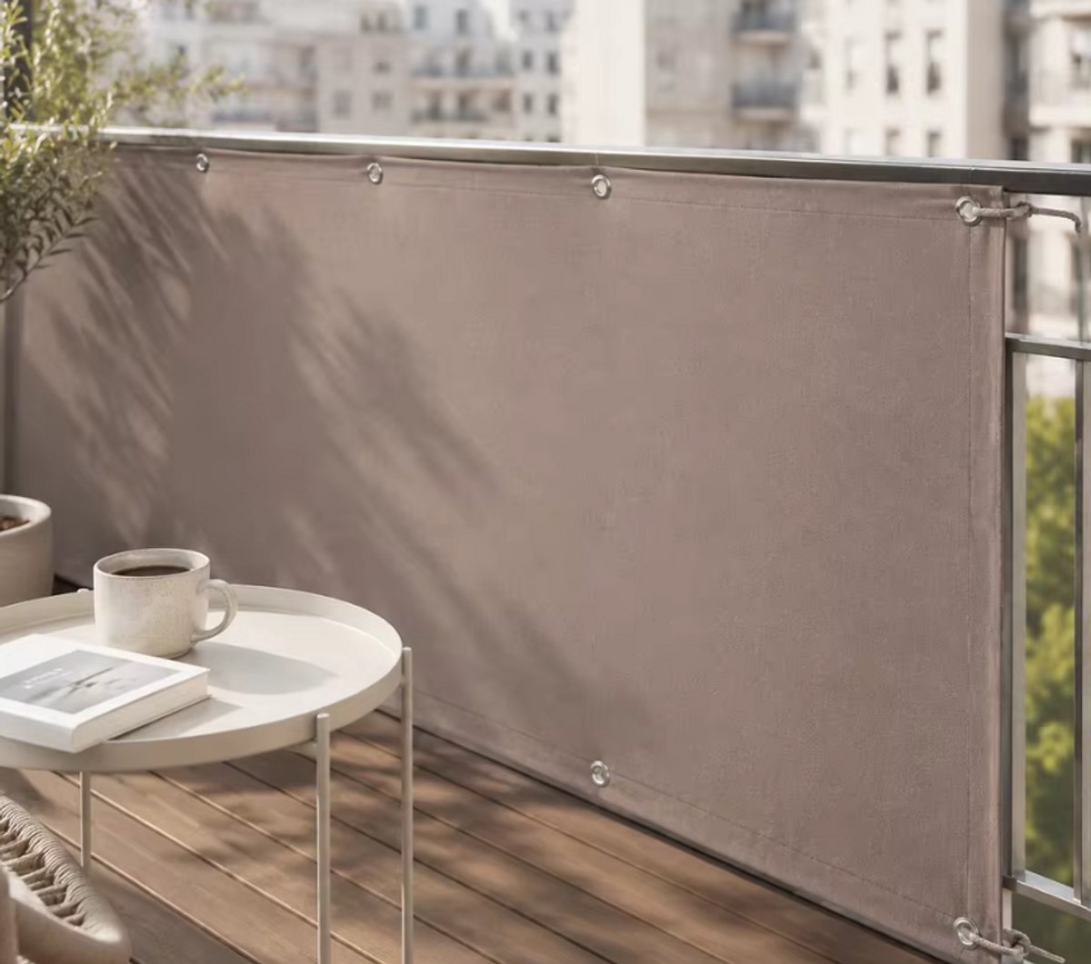 Balkonscherm Privacy Inklapbaar & Windscherm - 120 x 1500 cm - Taupe / Beige - Balkondoek Waterafstotend met Ogen & Koord