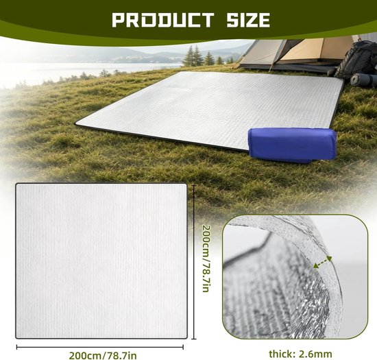200 × 200 opvouwbare tentmat, vloermat, thermomat, koud, aluminium, dikke isolatiedeken, outdoor, isolatiedeken, isolatiemat, dubbelzijdig, thermodeken, mat — afbeelding 2