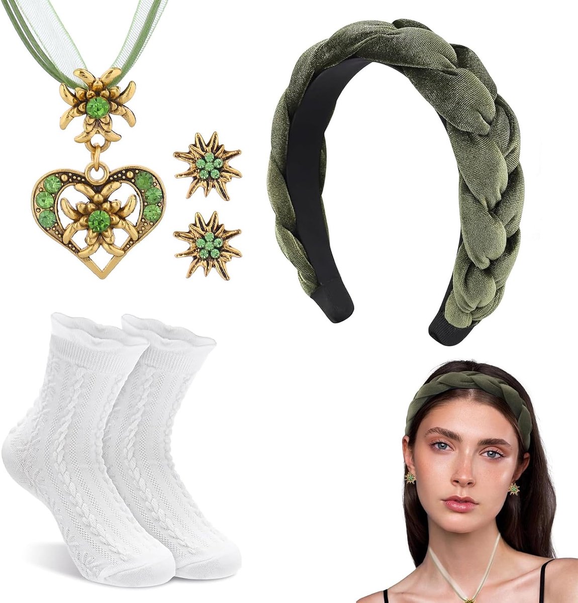 Traditie Accessoires Set met Strass Edelweiss Hart Hanger, Armband, Oorbellen, Sokken en Haarband voor Dames, Perfect voor Bierfeest en Dirndl Outfit